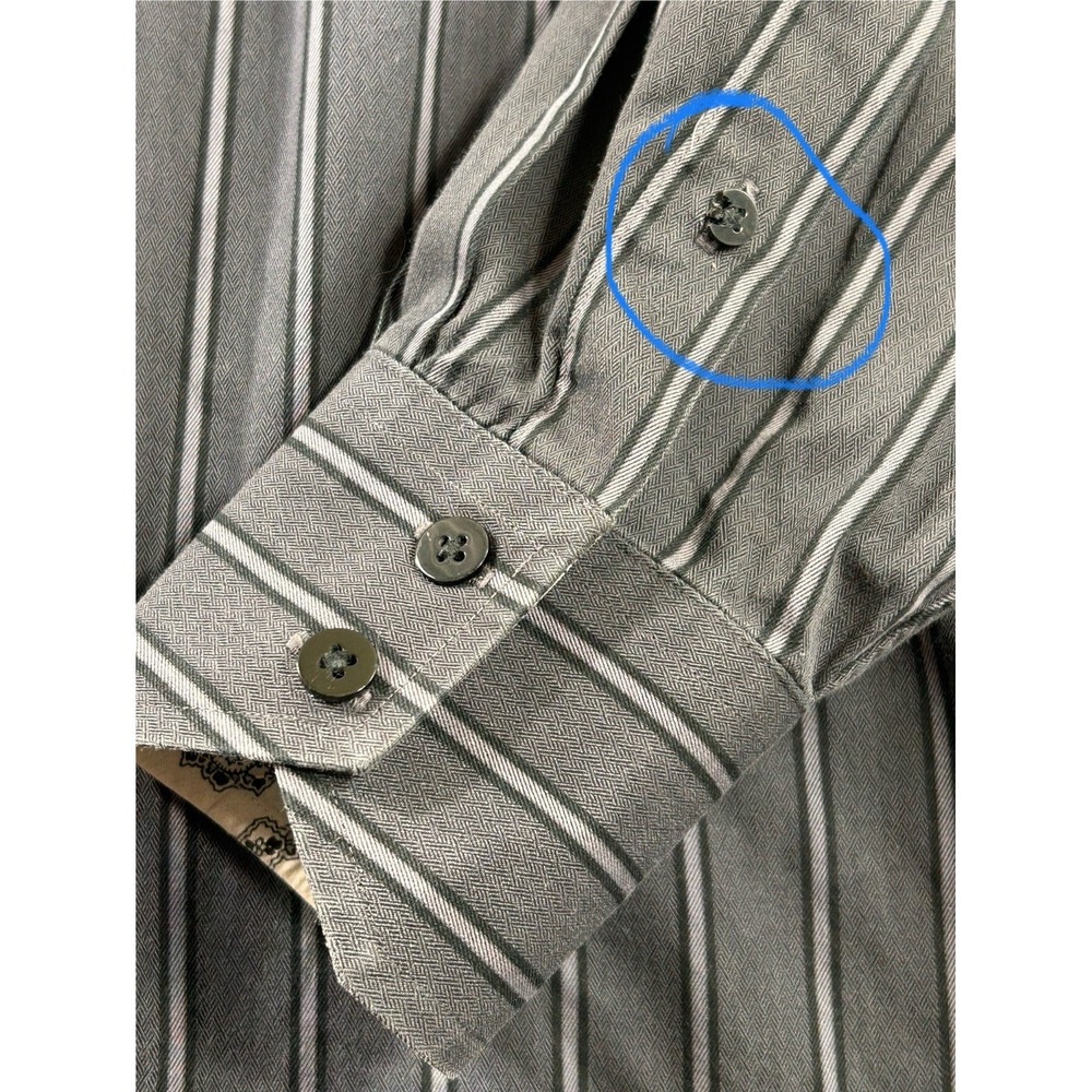 Thomas Dean Button Front Gray Striped Shirt Men's 16 1/2‎ R Broken Button Sleeve - Picture 3 of 10